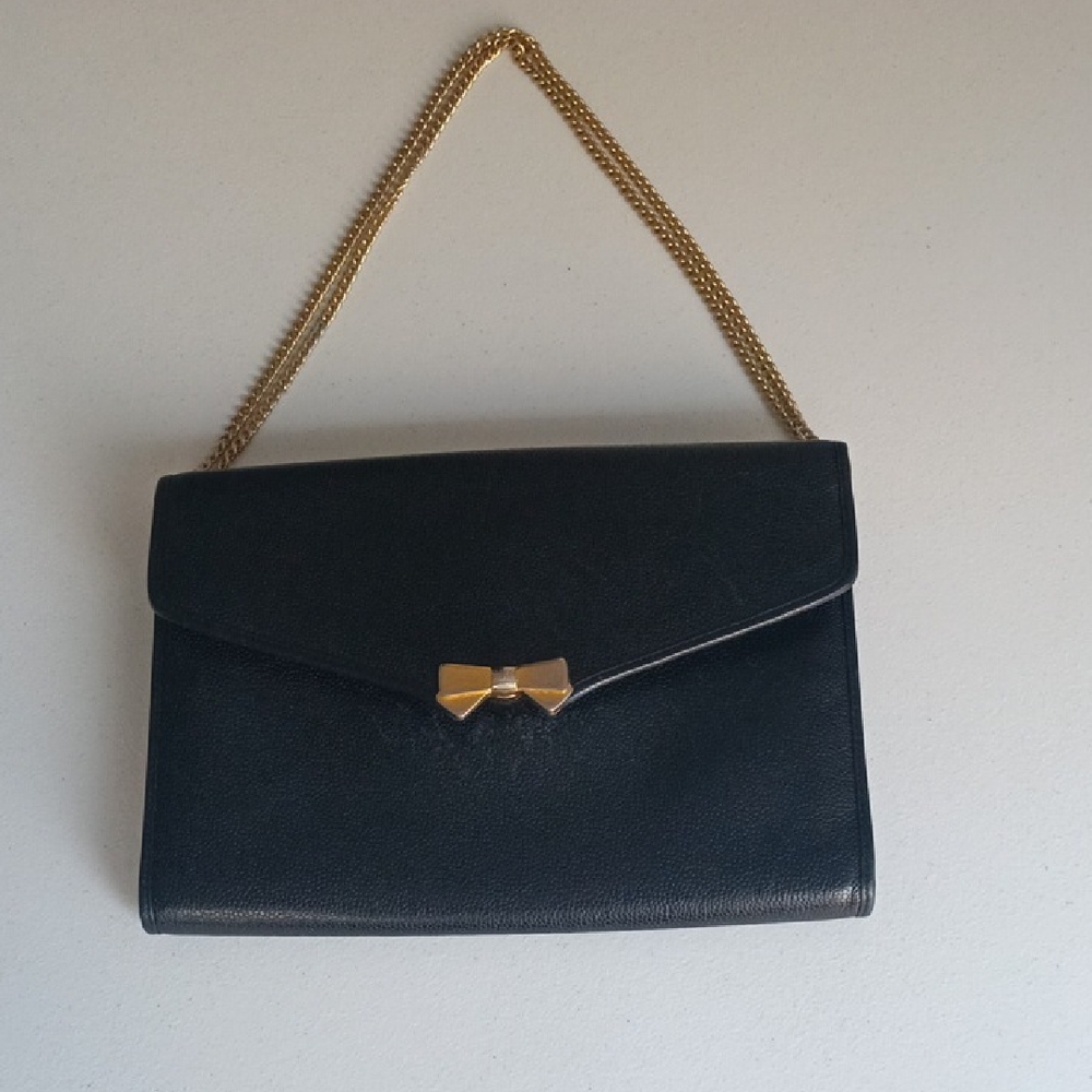 Nina Ricci Black Leather Clutch with Gold Bow and Chain